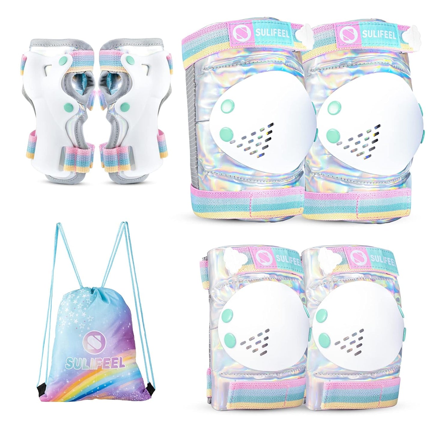 SULIFEEL Rainbow Unicorn Protective Gear Set - Adjustable Knee, Elbow Pads & Wrist Guards for Kids | Includes Drawstring Bag