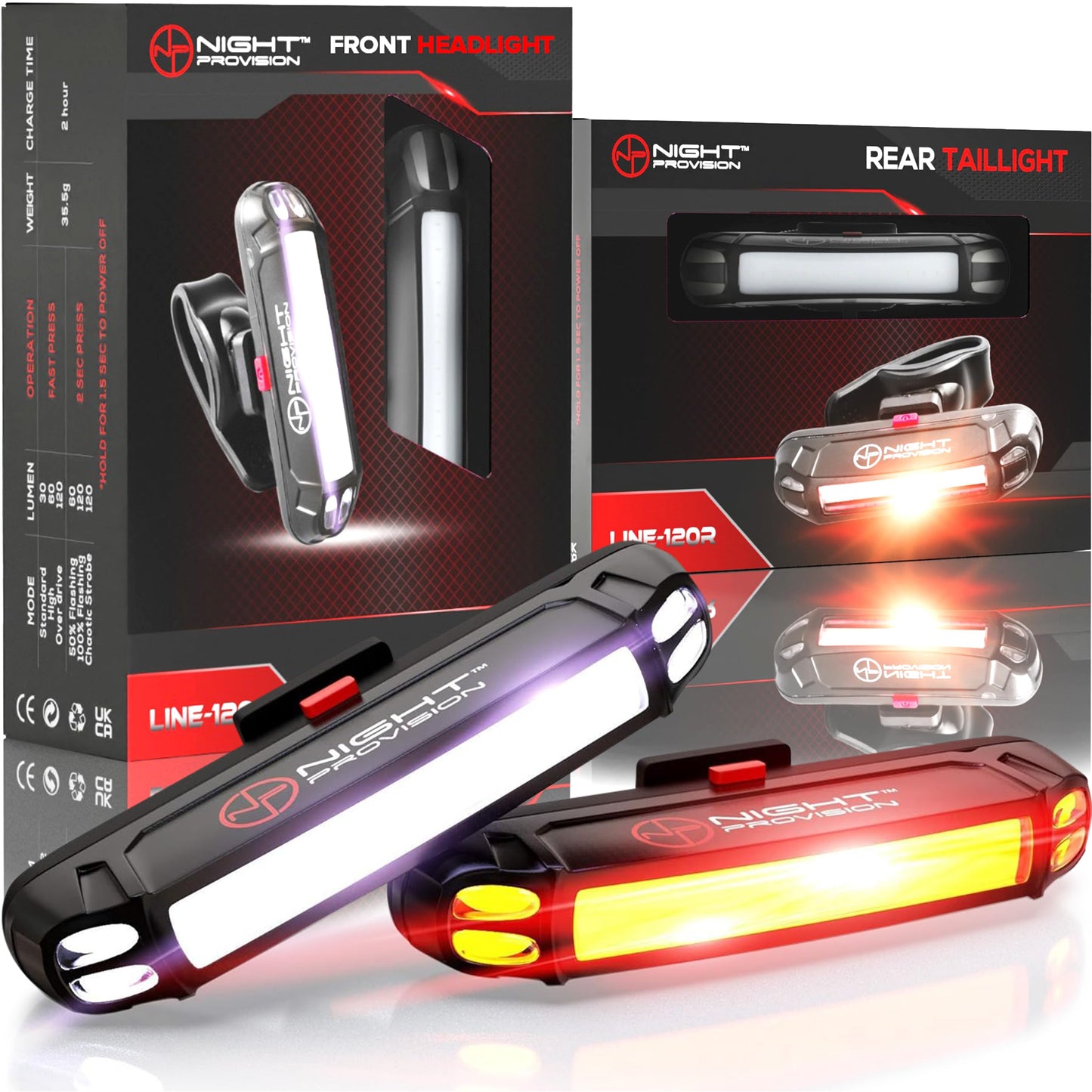 LINE-120 Front & Rear Bike or Skateboard Lights – USB Rechargeable LED Headlight & Taillight Set – Accessories for Bicycle, Longboard & Skateboard Safety (Front/USB-C)
