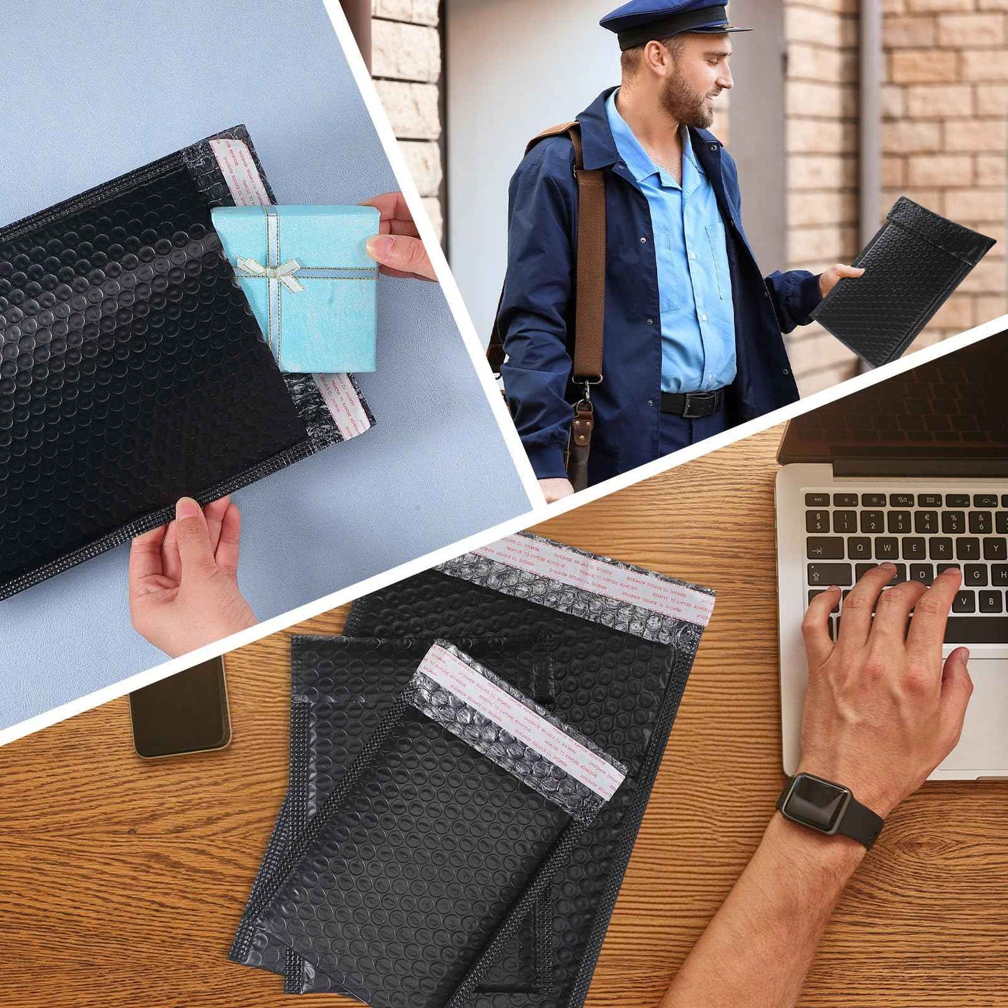 Yeyeplum 100 Pcs Kraft Bubble Mailers 3 Size Padded Envelopes Kraft Poly Mailers Bubble Lined Shipping Envelopes Mail Shipping Bags for CDs Book Business Supplies (Black)