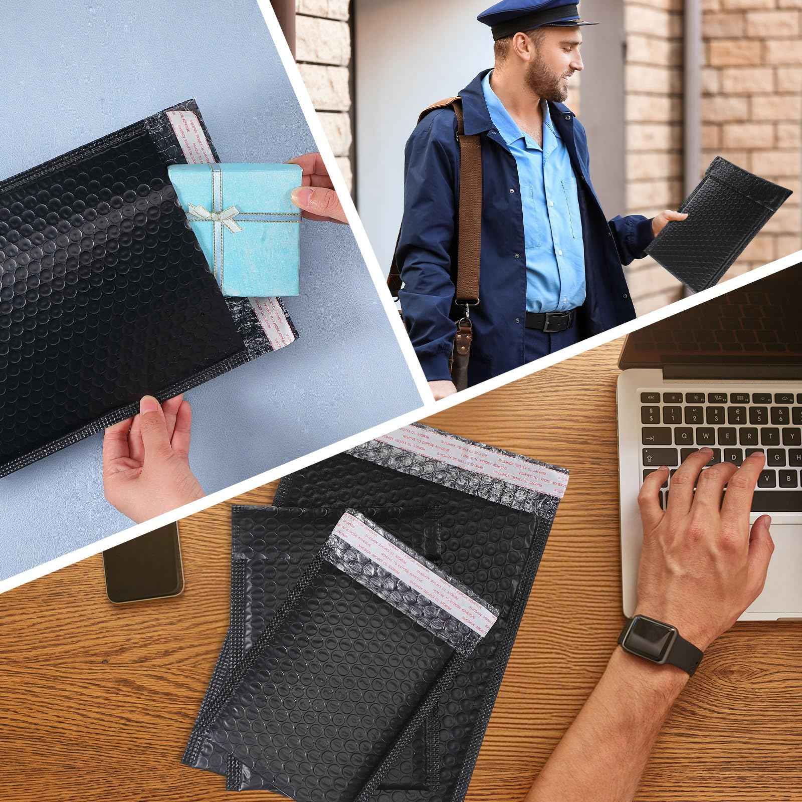 Yeyeplum 100 Pcs Kraft Bubble Mailers 3 Size Padded Envelopes Kraft Poly Mailers Bubble Lined Shipping Envelopes Mail Shipping Bags for CDs Book Business Supplies (Black)