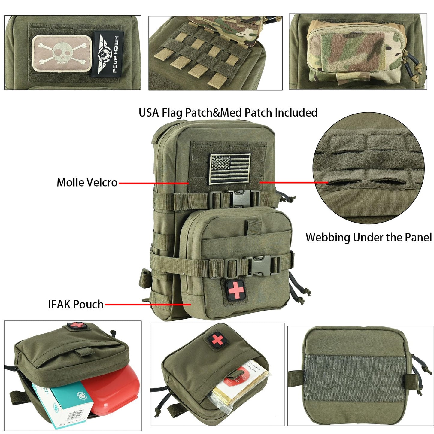 Tactical Mini Molle Hydration Pack,Molle Hydration Carrier with IFAK Pouch&US Flag&Med Patch,Hydropack for 2L Water Bladder (Ranger Green)
