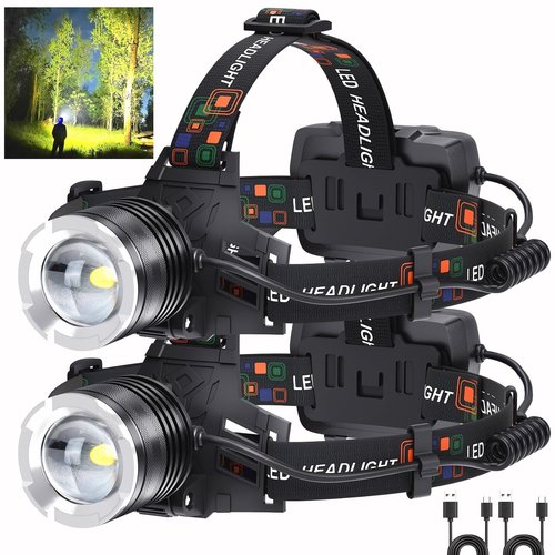 LED Rechargeable Headlamp 2 Pack, 99,000 Lumens Head Lamps (Include Βattery) Super Bright Long Distance Headlamps with 5 Mode Waterproof, 90° Adjustable Head Lights for Forehead Adults Outdoor Camping