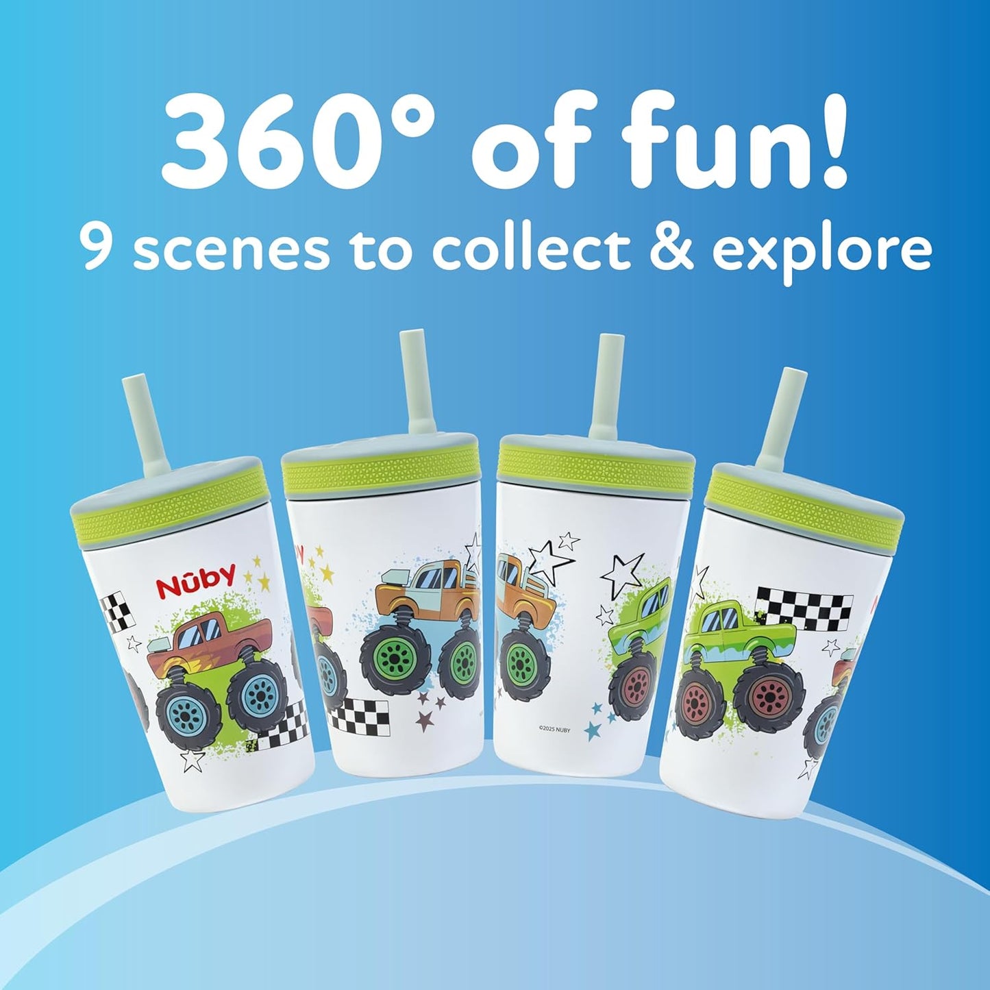 Nuby Insulated Toddler Cup - 12 oz Stainless Steel with Silicone Flex Straw - Leak-Resistant | Monster Trucks