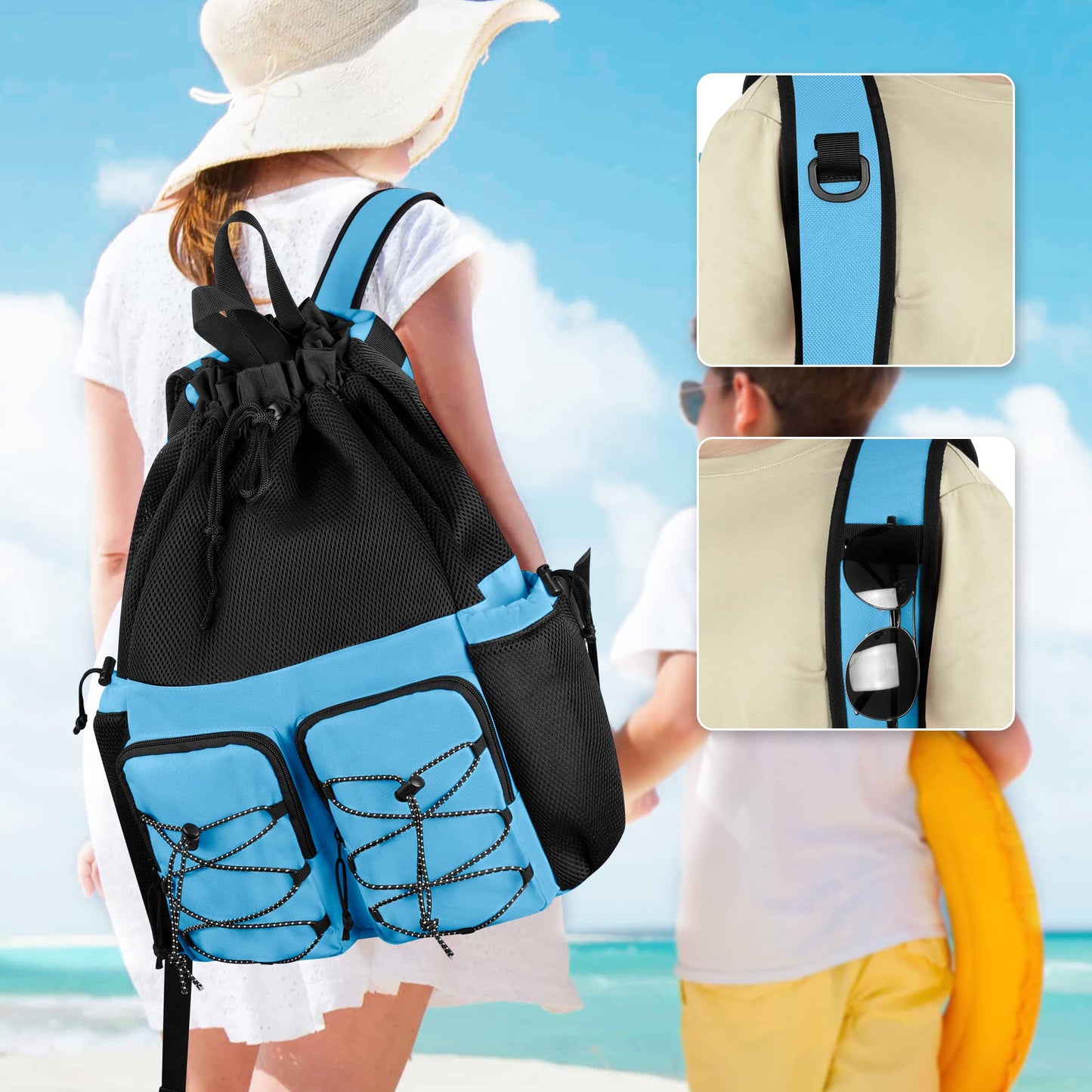 Fasrom Mesh Beach Bag Backpack with Waterproof Bag and Pocket, Large Drawstring Swim Backpack for Travel, Gym and Pool Sports, Blue (Patent Design)