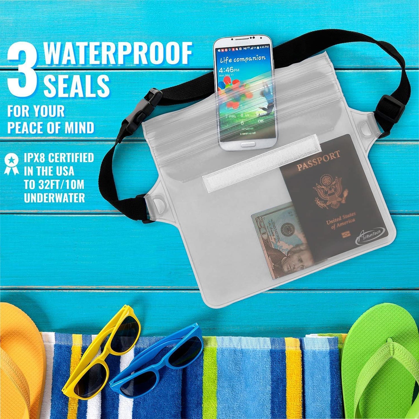 AiRunTech Waterproof Pouch - 2 Pack Waist Strap for Safe, Dry Phone & Valuables | Ideal for Beach, Pool, Boating & Water Activities