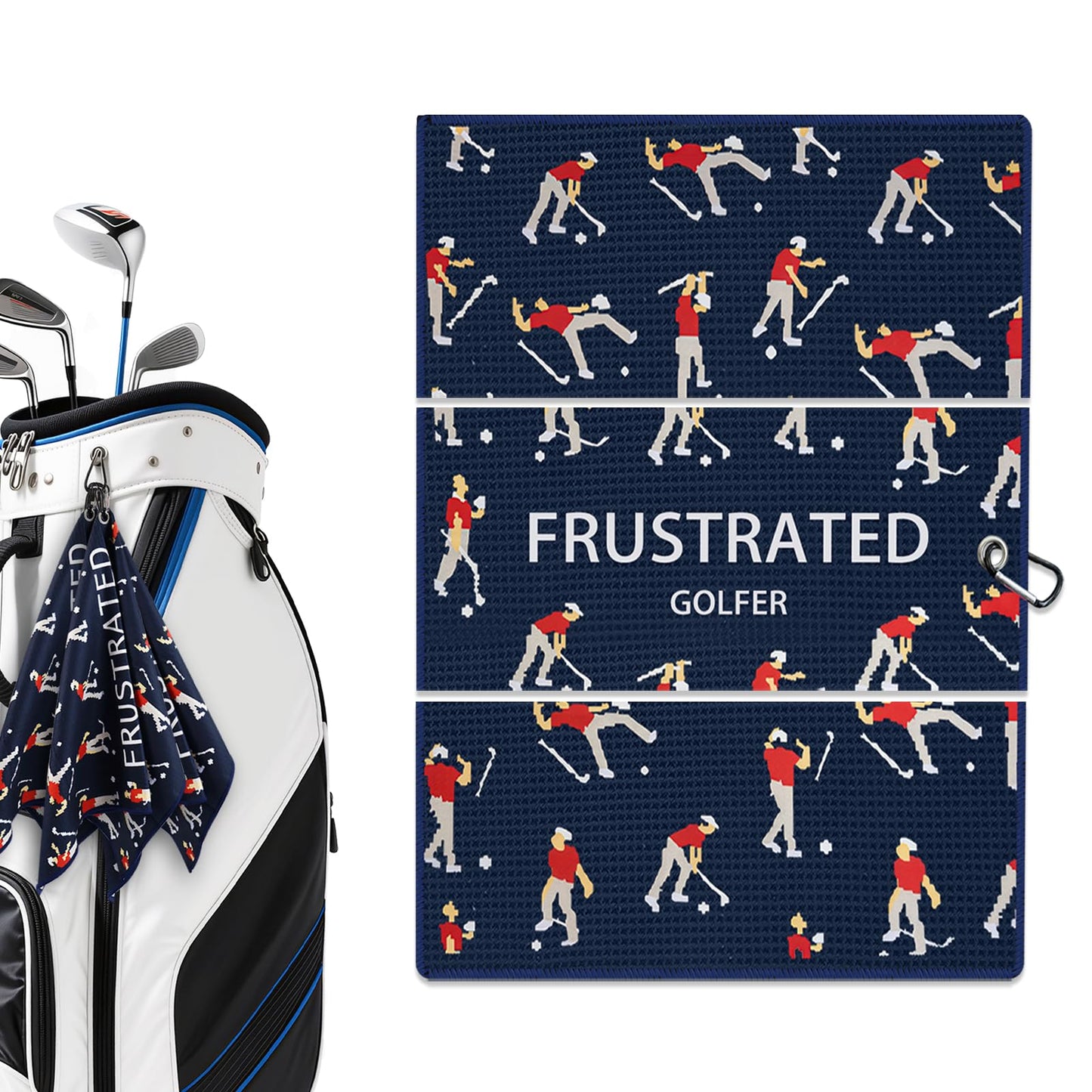 Puoqu Microfiber Golf Towels (16" X 24") with Carabiner Clip, Waffle Pattern Golf Towel Hook and Loop Fastener, Golf Club Towel, Premium Golf Accessories, Gift for Men, Golfers, Dad (Three Navy Blue)