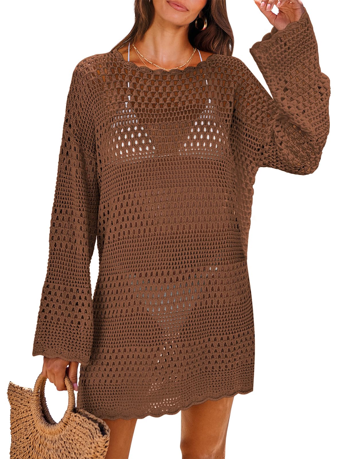 ANRABESS Women Swimsuit Crochet Swim Cover Up 2026 Summer Bathing Suit Swimwear Mesh Knit Beach Dress Vacation Outfits Brown Small