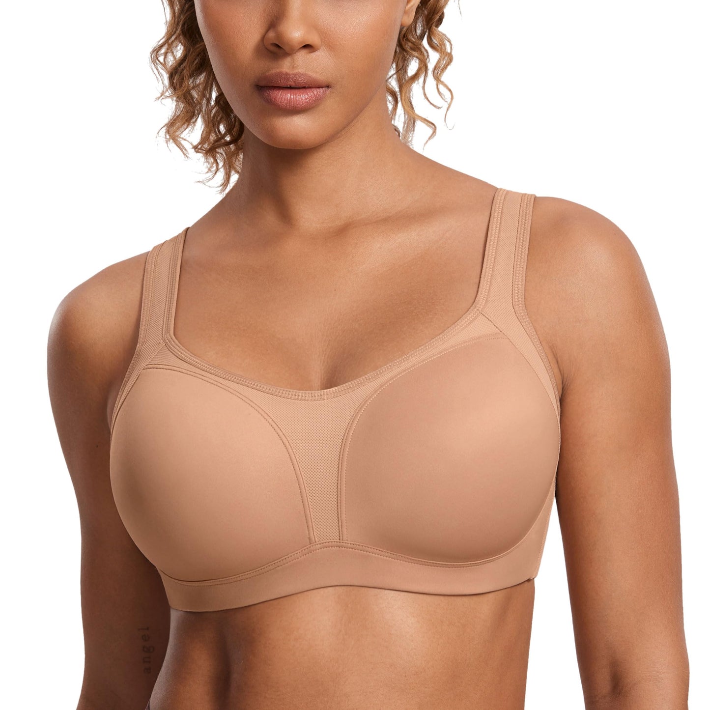 SYROKAN Women's High Impact Underwire Sports Bra High Support Large Bust Padded Adjustable Straps Running Bra Barely Buff 36D