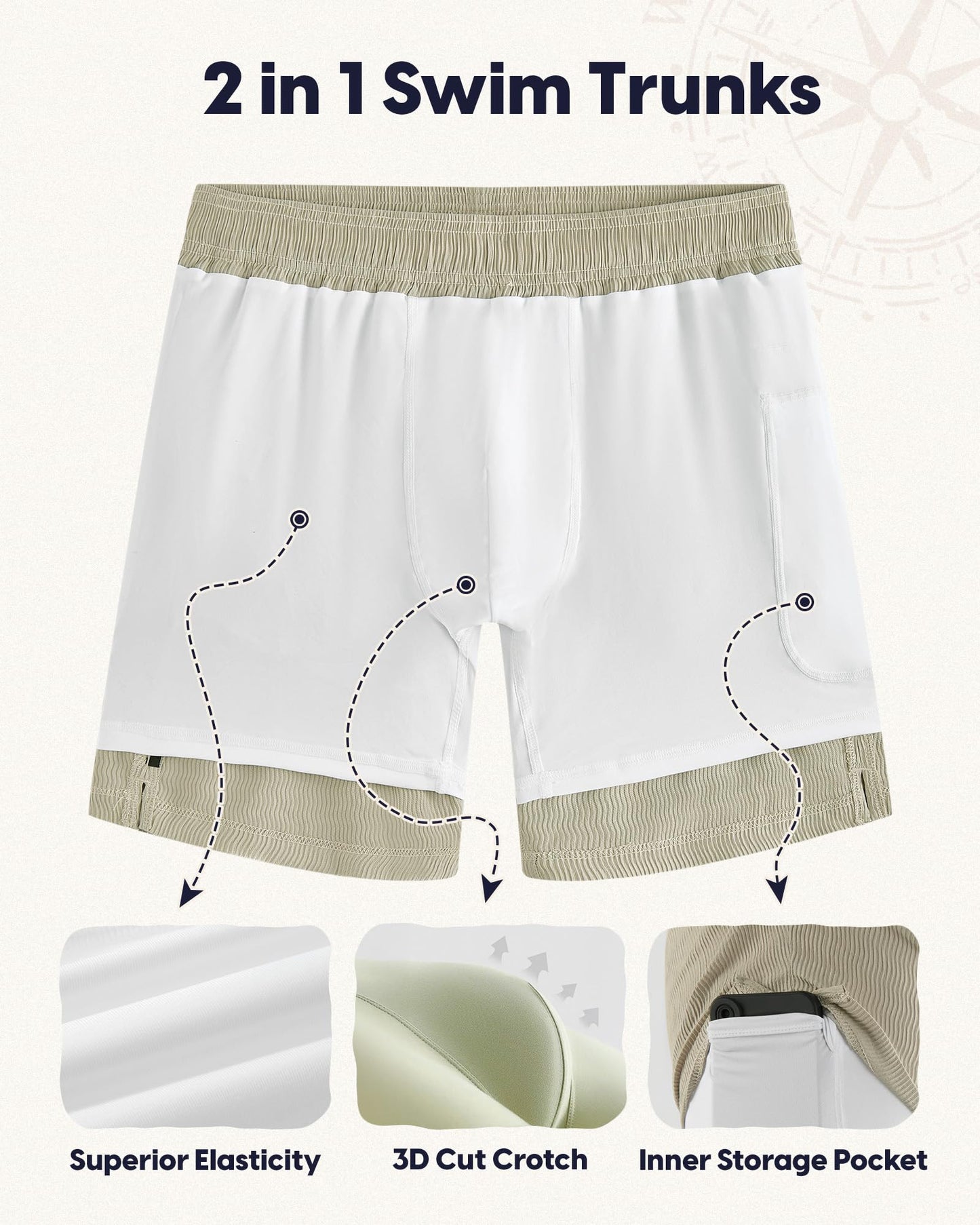 maamgic 7 Inch Wavy Texture Mens Swim Trunks - Mens Bathing Suit with Compression Liner Quick Dry Zipper Pockets Swimwear Light Khaki-White