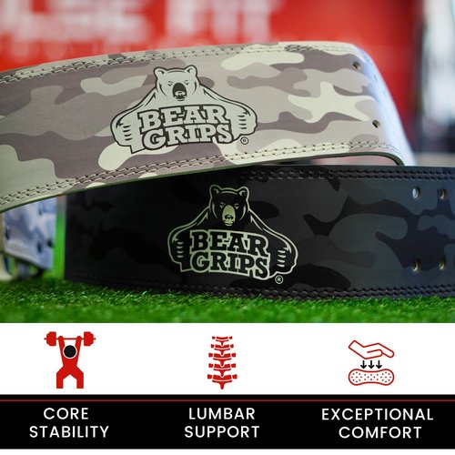 Bear Grips Weightlifting Belt, Leather Weight Belt for Men, Weight Lifting Belt for Women, Double Prong Gym Belt, Squat Belt, 5mm Powerlifting Belt, Deadlift Belt, Workout, Exercise - White Camo - XS