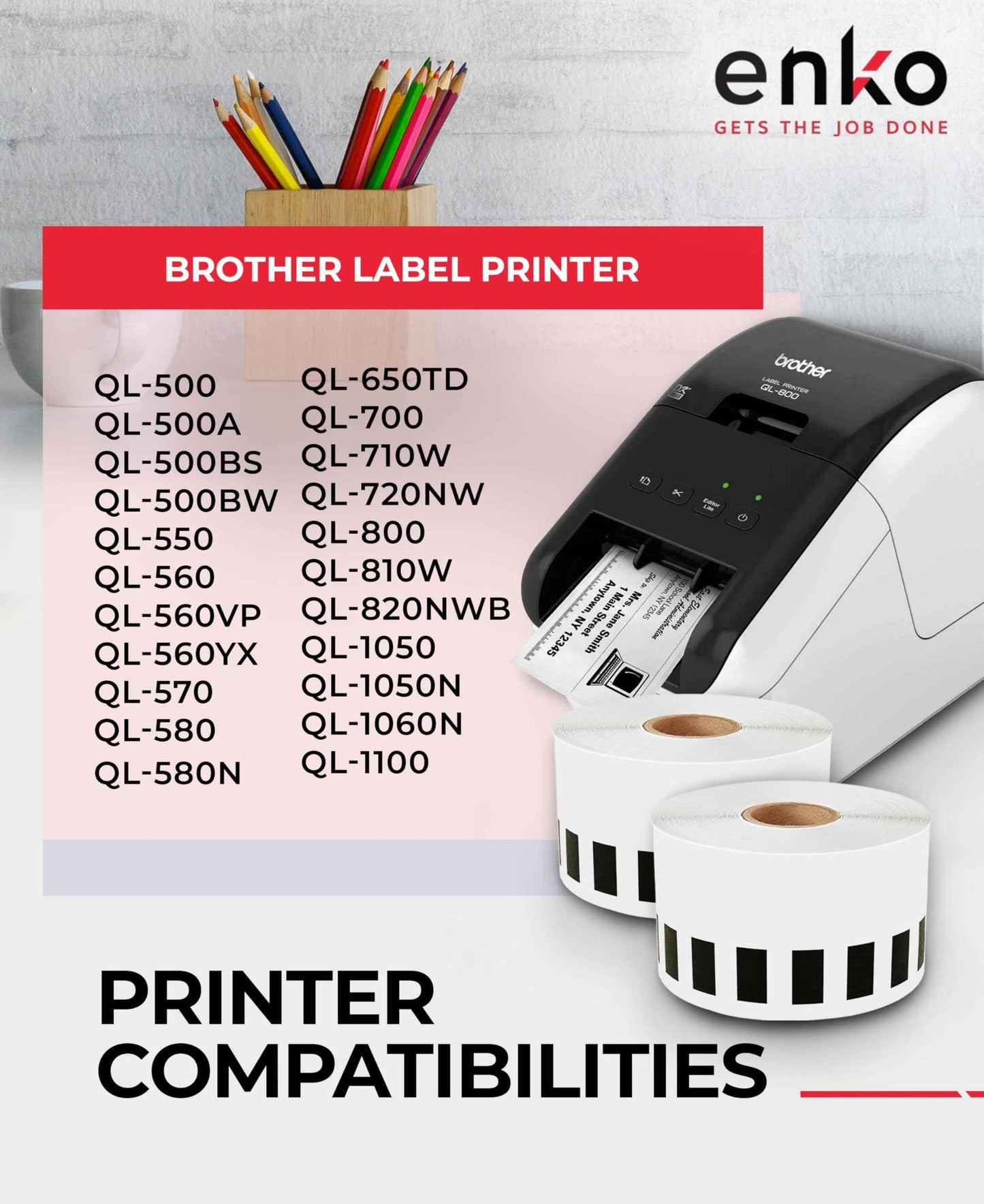 enKo - Compatible DK-2205 Continuous Adhesive Thermal Labels (2.4 Inch x 100 Feet) Compatible Labels for Brother Label Printer QL-820NWB QL-800 QL-810W - [12 Rolls, No Cartridge Frames]