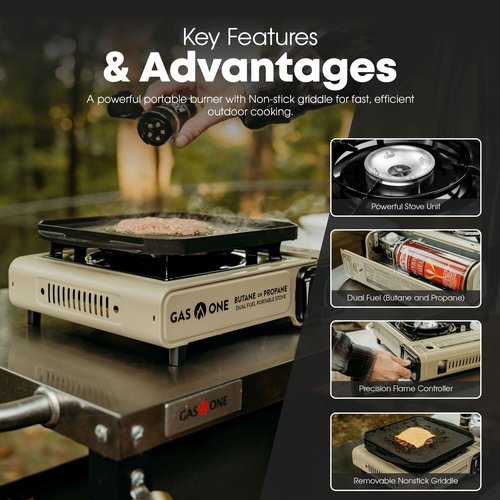 GasOne GS-3400P-KIT Propane or Butane Gas Stove with Flat Top Griddle Included – Dual Fuel Propane Grill Tent Stove Burners for Cooking for Camping, Kitchen – Diecast Aluminum with Non Stick Coating