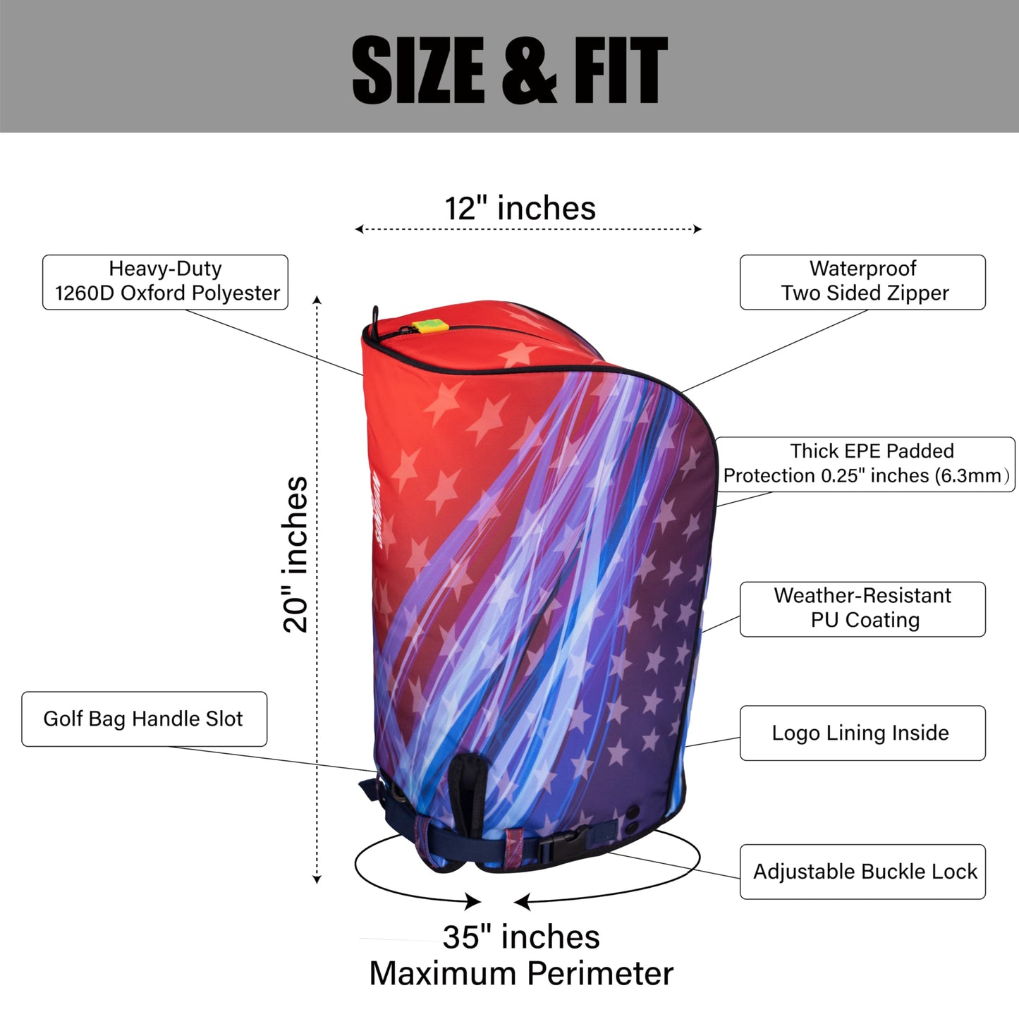 SANDIAN, Flying Stars, Golf Bag Rain Hood Cover, Waterproof 1260D Oxford Polyester, 12x20 Inches, Padded Protection, PU Coated, Two Sided Zipper, Adjustable Buckle Lock Fasteners, Snap Button Locking