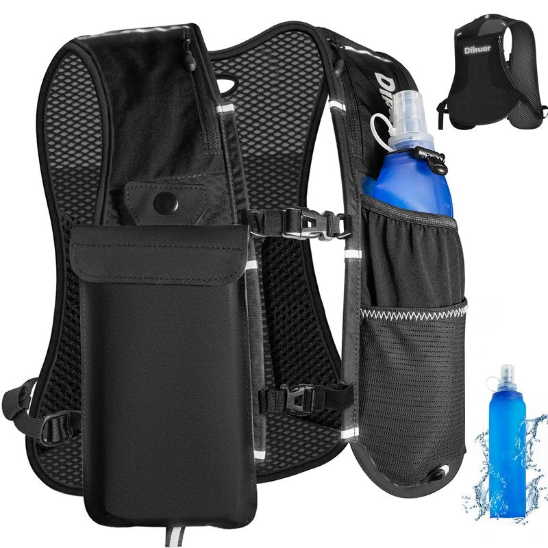 Running Vest for Women Men with Water Bottle, Lightweight Hydration Vest with Touch Screen Phone Pocket, 500ml Soft Flask, Adjustable Chest Straps, Reflective for Marathon Jogging