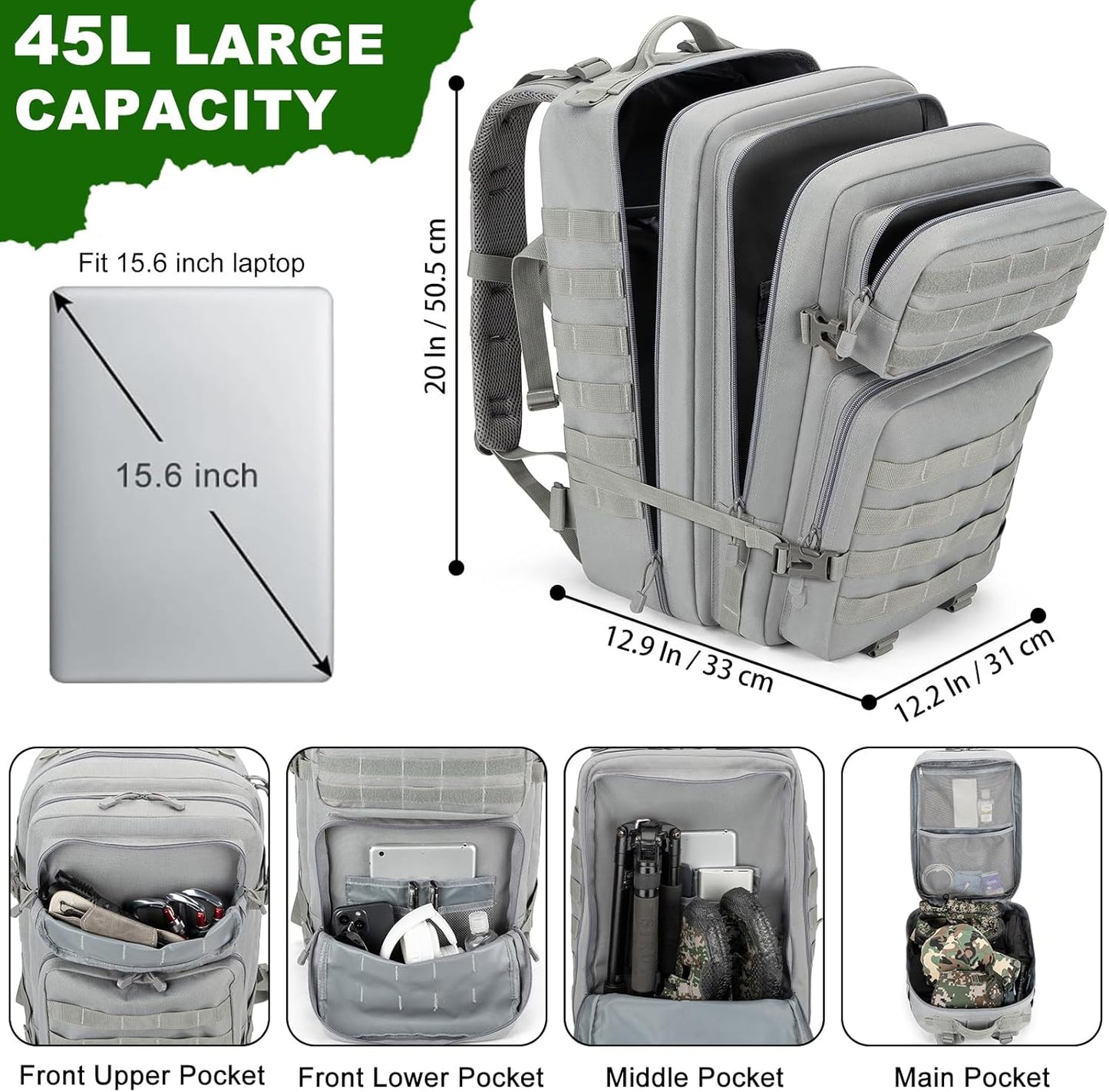 Skiennix Tactical Backpack 45L - Water Resistant MOLLE Rucksack | Durable 3-Day Bug Out Bag for Hiking & Travel (Grey)