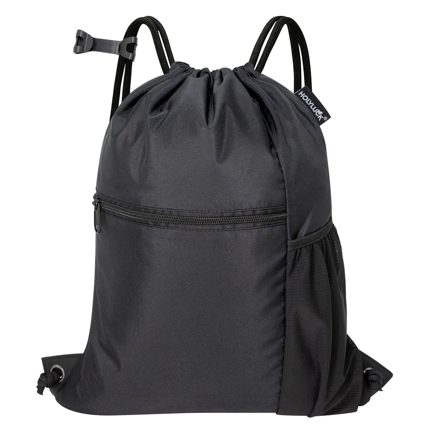 HOLYLUCK Men & Women Outdoor Sport Gym Sack Waterproof Drawstring Backpack Bag (Standard with drawstring, Black)