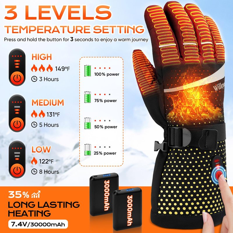 Heated Gloves, 7.4V Rechargeable Heated Gloves for Men Women, Waterproof Electric Heating Ski Gloves with Touchscreen for Winter Motorcycling Skiing Hunting Outdoor Work