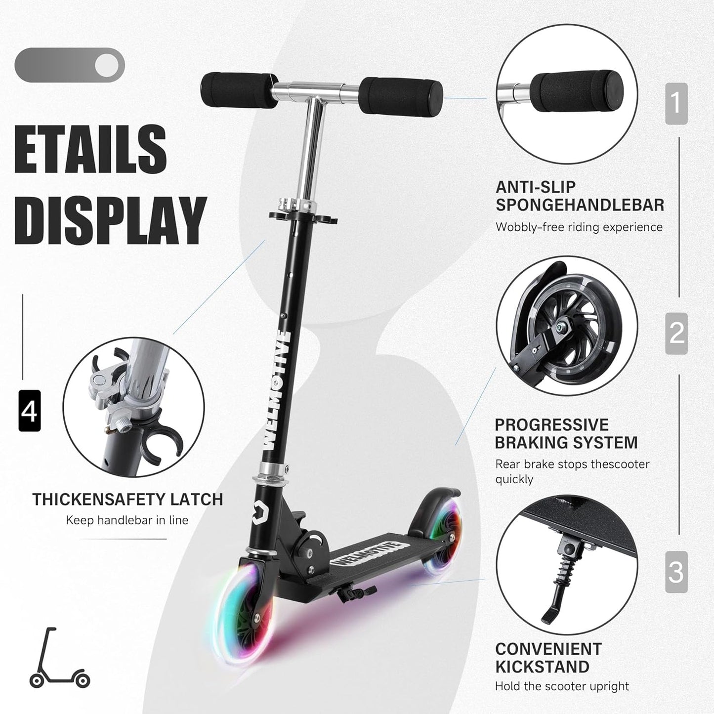 Skiennix Kick Scooter - Lightweight & Foldable Aluminum Frame | Adjustable Handlebars & Flashing Wheels for Kids 3+