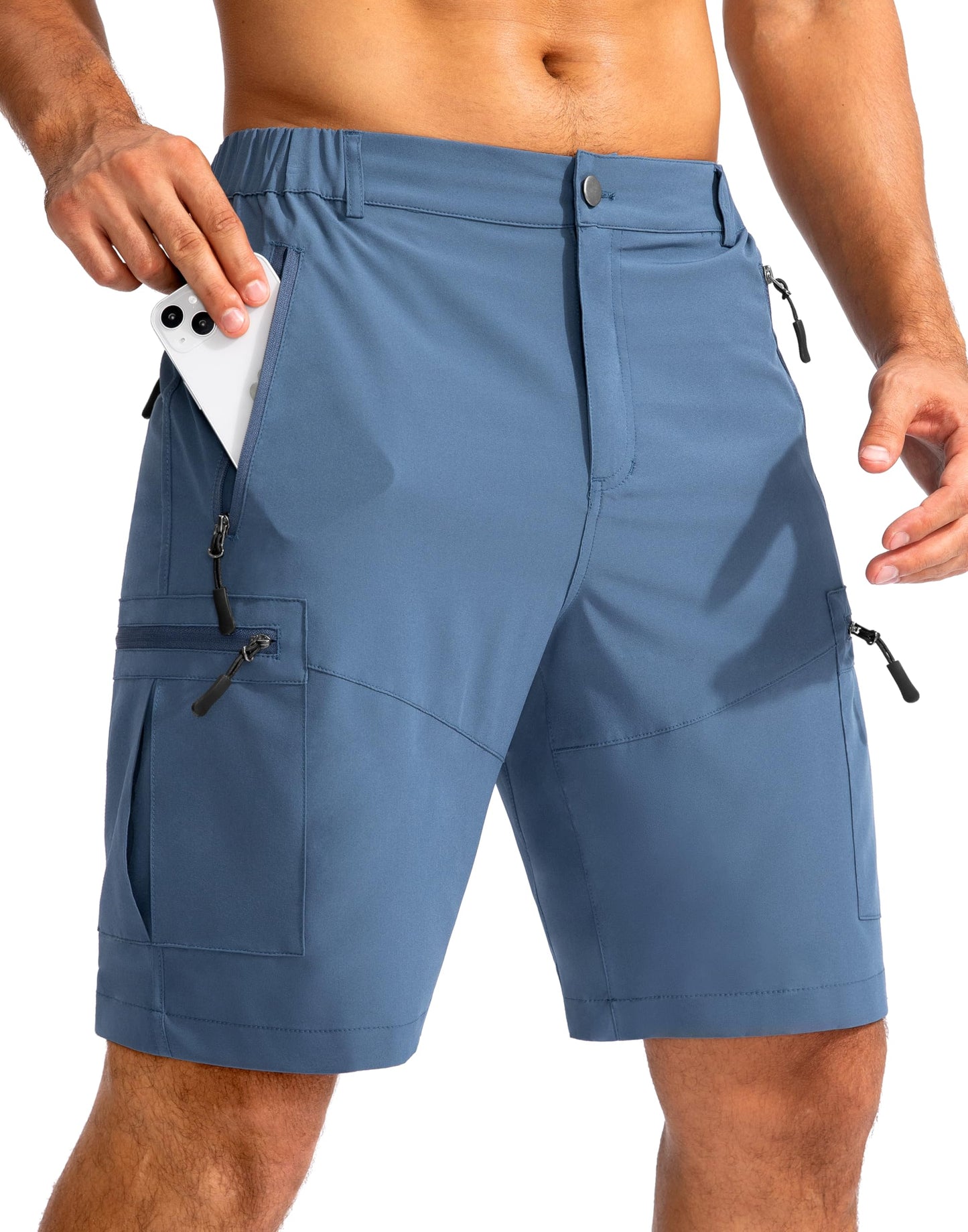 Pudolla Men's Hiking Cargo Shorts 9" Lightweight Outdoor Work Shorts for Men Travel Golf Camping Casual with 5 Zipper Pockets(Blue Large)