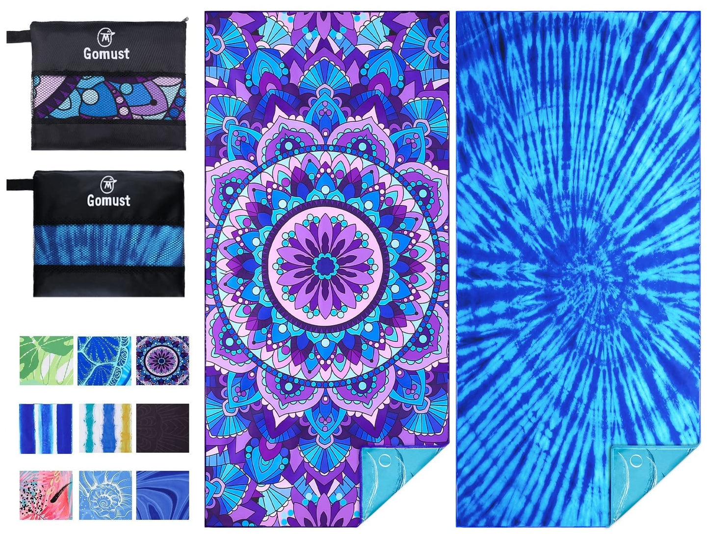 Gomust Microfiber Beach Towel Oversized 71x32, Thin, Blue with Bag 2 Pack