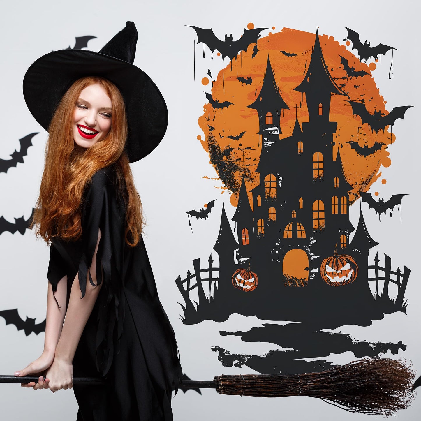 DRWSSR 2 Sheets Halloween Wall Stickers: Removable Bats Moon Pumpkin Wall Art DecalStickers - Peel & Stick for Indoor DIY Wall Art