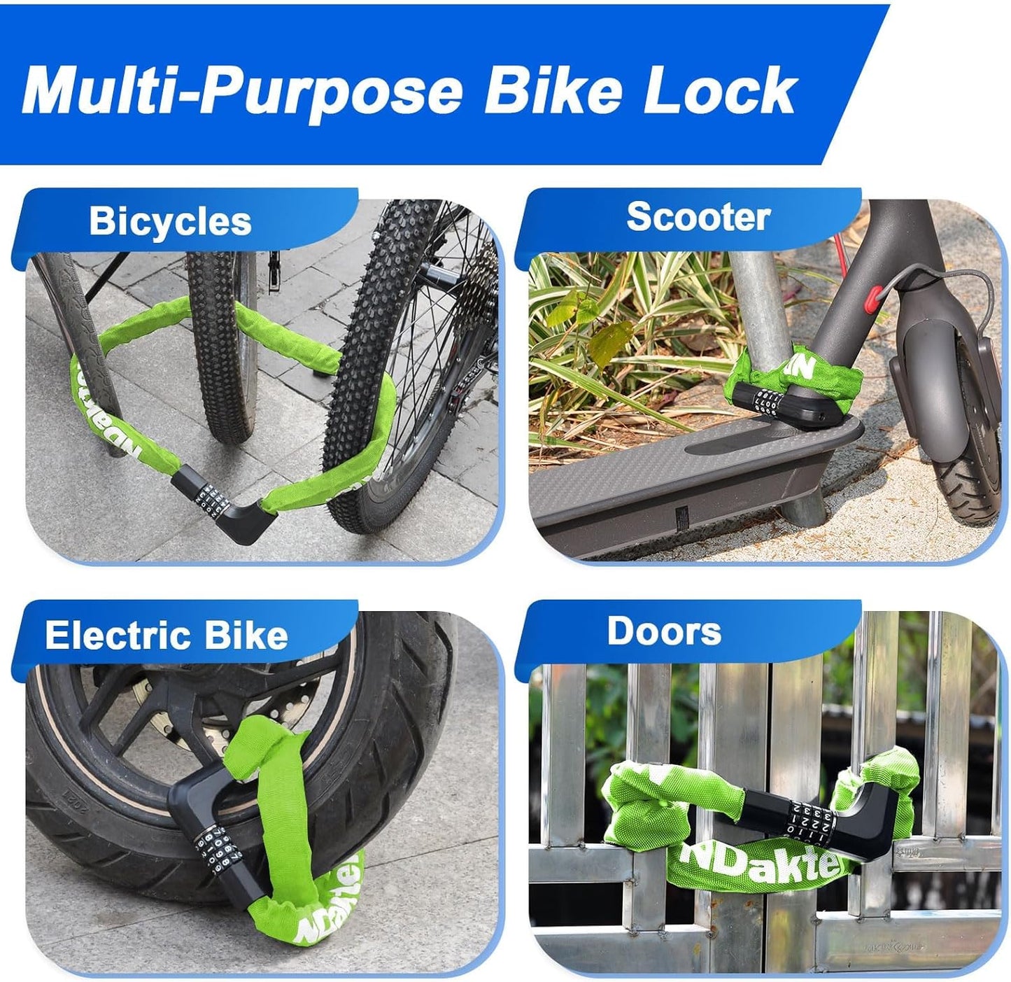 NDakter Heavy-Duty Bike Chain Lock - 4-Digit Combination Security | 1.64 to 4.28 Ft Length