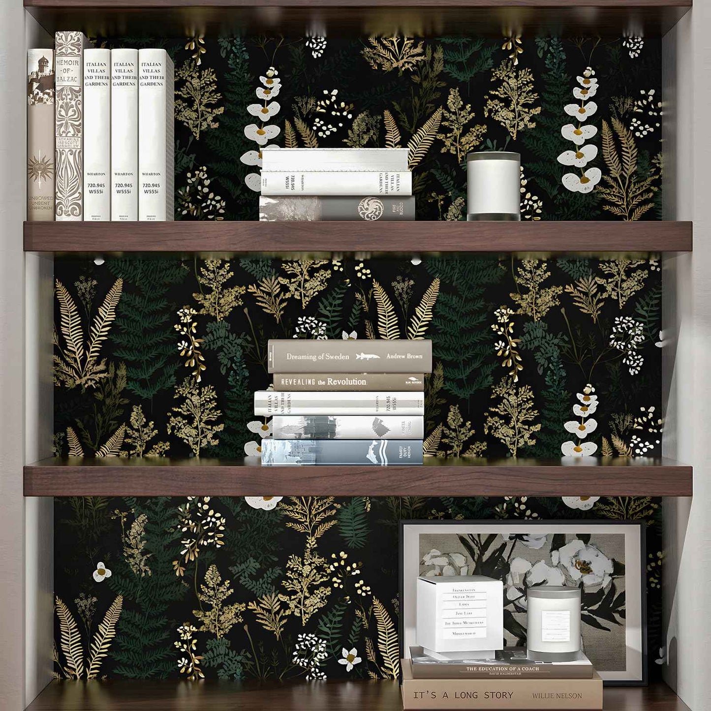 Black Floral Wallpaper Peel and Stick Dark Green Gold Leaf Contact Paper Waterproof Self-Adhesive Forest Tropical Fern Wall Paper for Bedroom Countertop Desk Cabinets 17.4" x 118" Renter Friendly