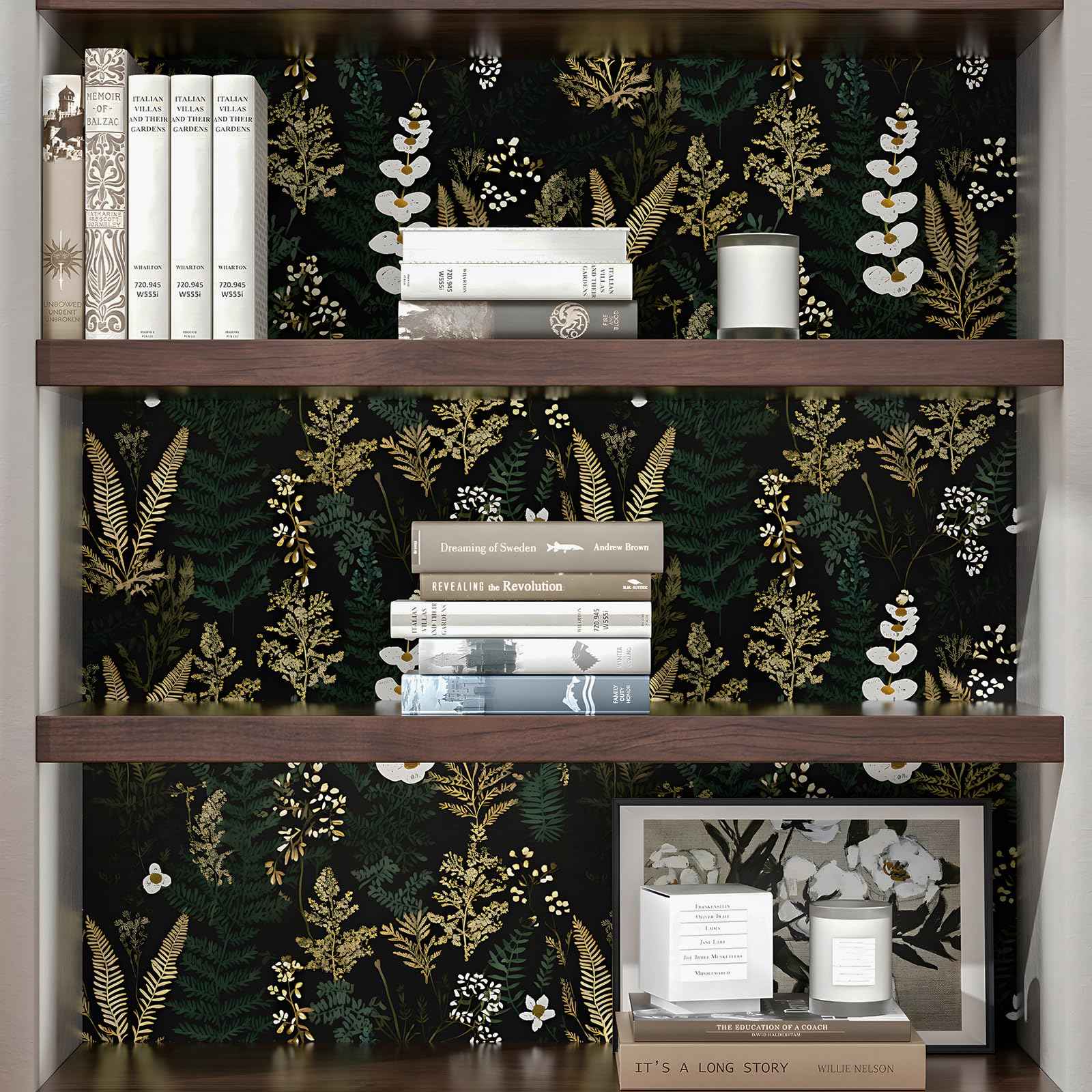 Black Floral Wallpaper Peel and Stick Dark Green Gold Leaf Contact Paper Waterproof Self-Adhesive Forest Tropical Fern Wall Paper for Bedroom Countertop Desk Cabinets 17.4" x 118" Renter Friendly