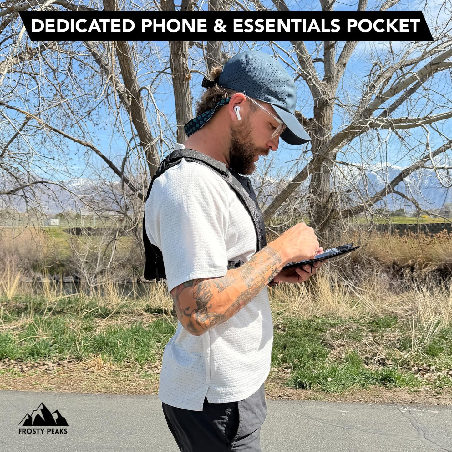 FROSTY PEAKS Chest Pack for Hiking, Skiing, Running & Travel, Minimalist Chest Rig Bag with Easy-Access Phone Pouch, Dual-Access Pocket, Card & Cash Slot, Adjustable Vest Pack for Men & Women