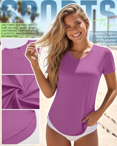 Locoowai Women's Workout Shirts - V-Neck Quick Dry Tops with UPF 50+ Protection | 5-Pack Short Sleeve Tees