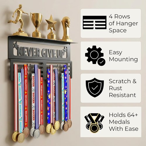 AGATHOS HOME Medal Hanger Display - Metal Trophy Shelf Holds 64+ Sports Medals | "Never Give Up" 16" Design
