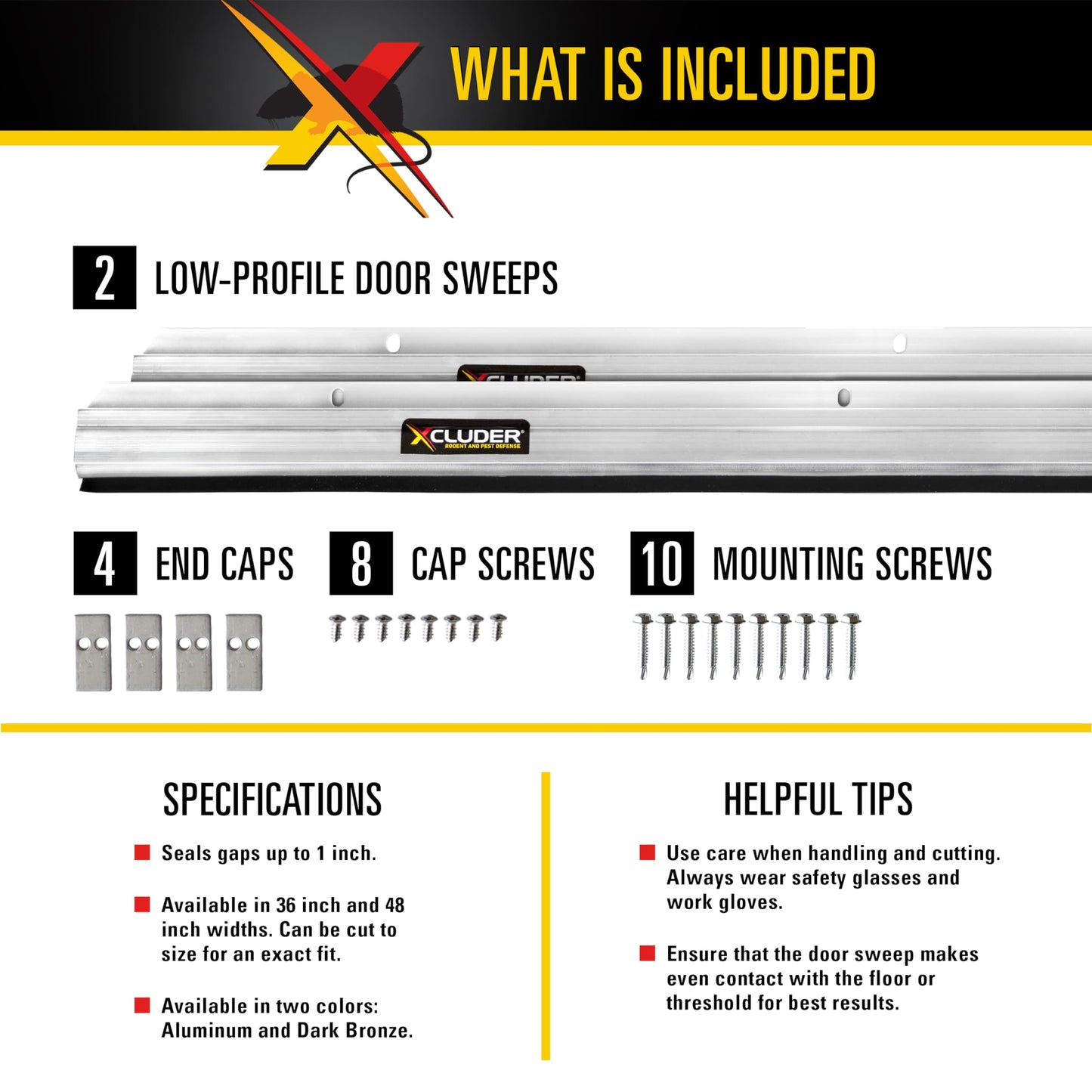 Xcluder 48 in. Low-Profile Door Sweep, Aluminum 2-Pack, Seals Out Rodents & Pests, Enhanced Weather Sealing, Easy to Install; Door Seal Rodent Guard; Rodent Proof Door Sweep