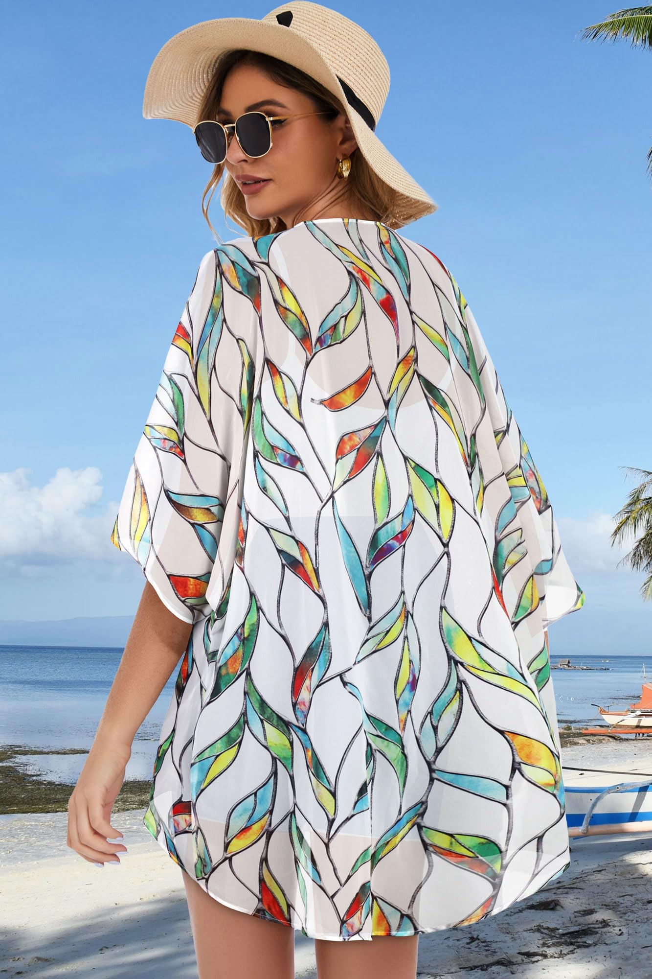 Womens Short Cardigans Casual Cover Up Open Front Kimono Tops Bathings Suit Shawl (White Colorful Leaves,L)