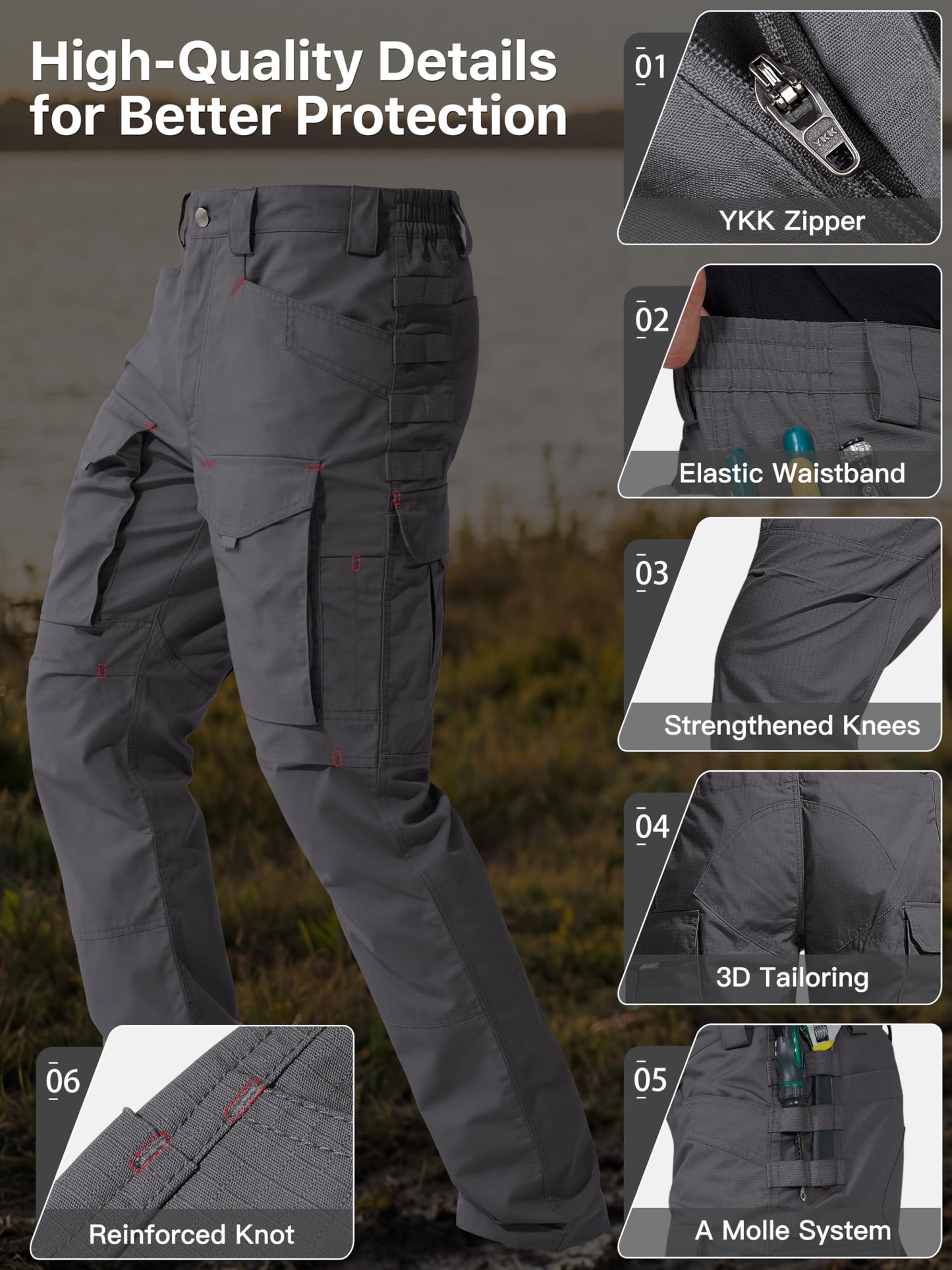 FREE SOLDIER Men's Cargo Pants,Tactical Pants for Men Stretch,Durable Ripstop EDC Work Pants for Hiking (Gray 36Wx32L)