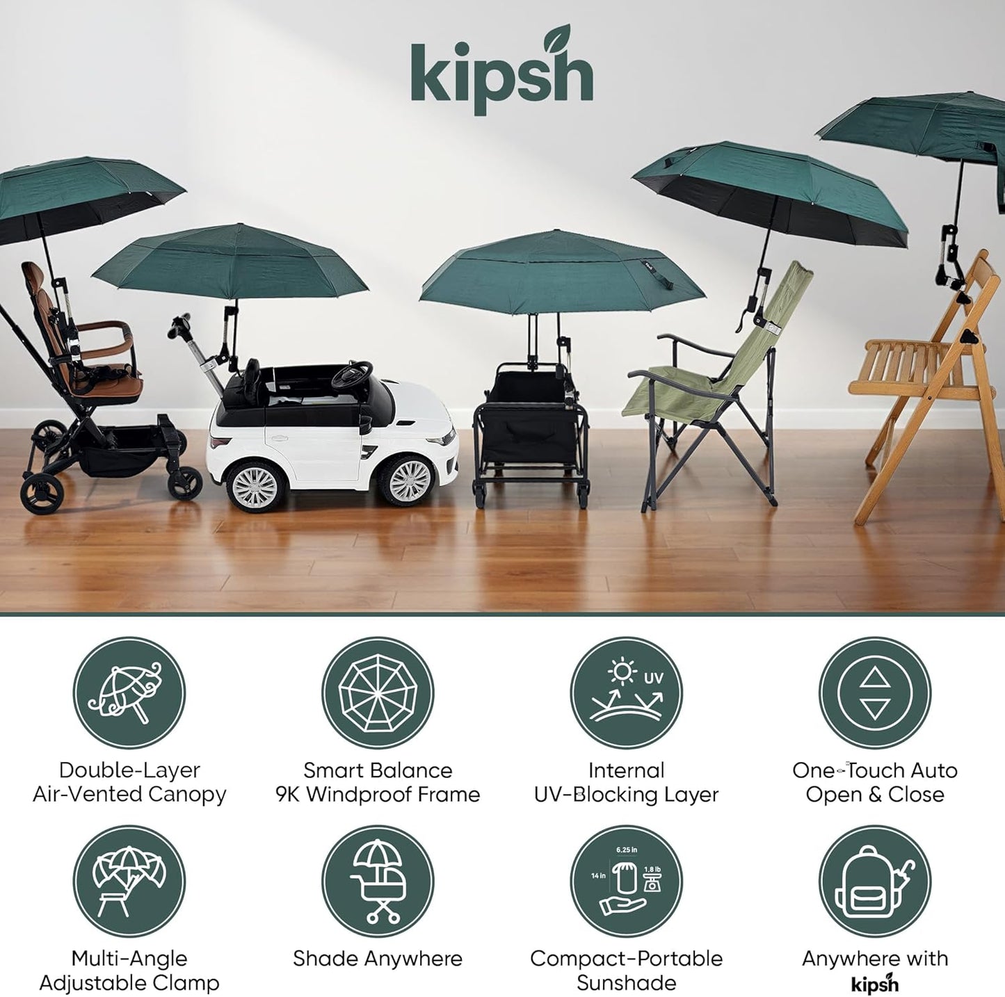 Universal Adjustable Clamp Beach Chair Umbrella by [Brand Name] - Lightweight Portable Sunshade for Strollers, Pools, and Camping (Dark Green)