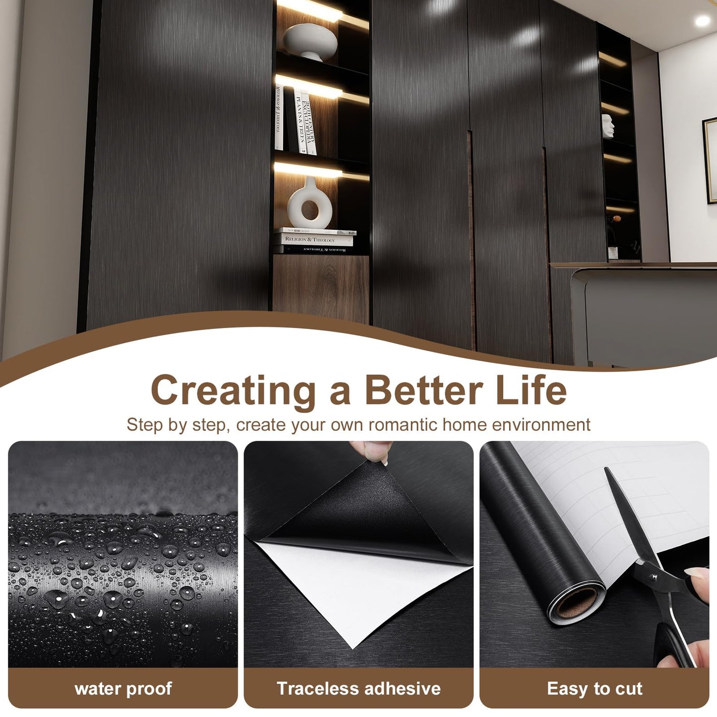 TAPETYLLER Stainless Steel Peel and Stick Wallpaper 15.7"x 118" Black Stainless Steel Contact Paper Countertop Removable Self Adhesive Thick Vinyl Waterproof for Wall Paper Fridge Kitchen Cabinets