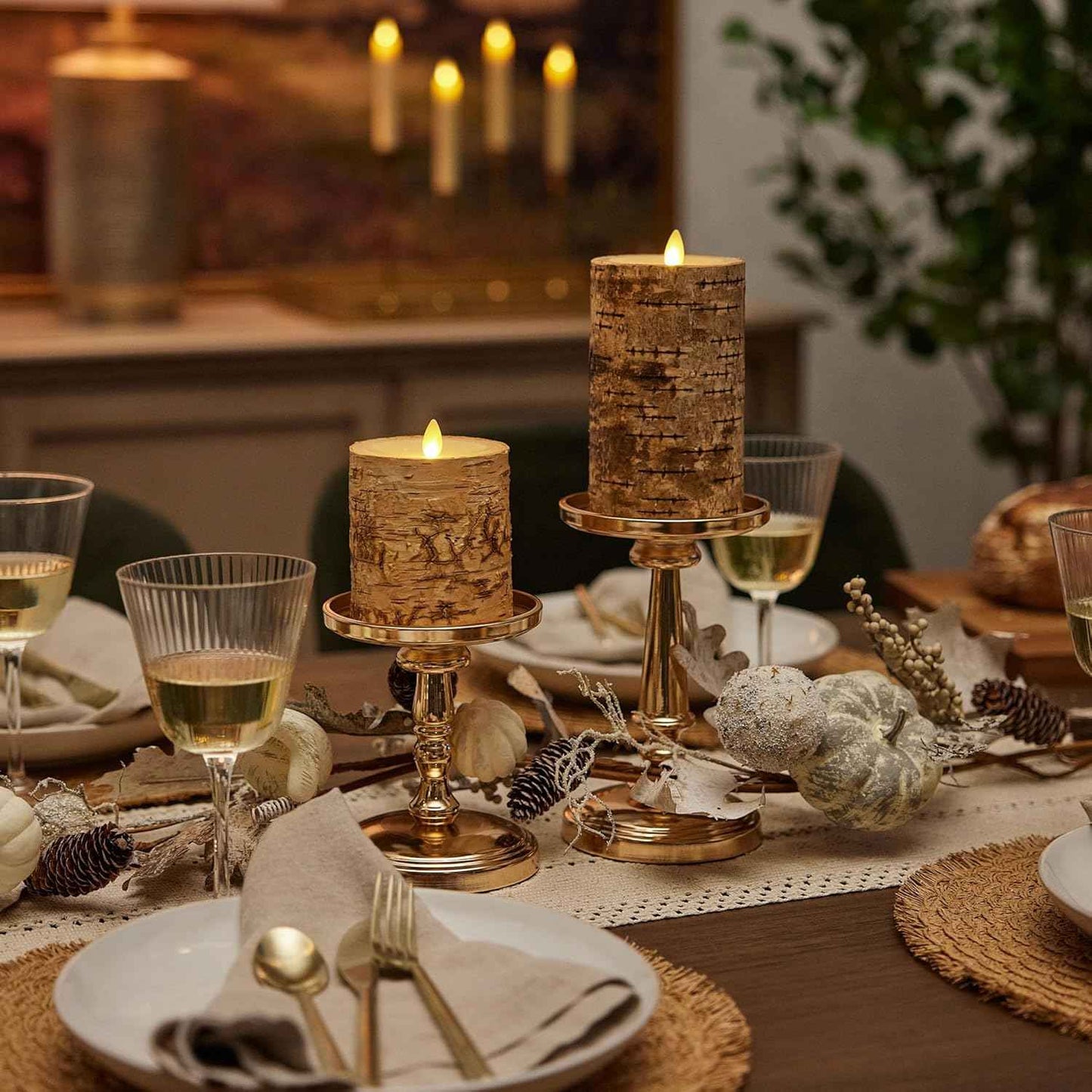 Realistic Moving Flame LED Pillar Candle with Birch Bark - Battery Operated, Remote Ready, 4x7