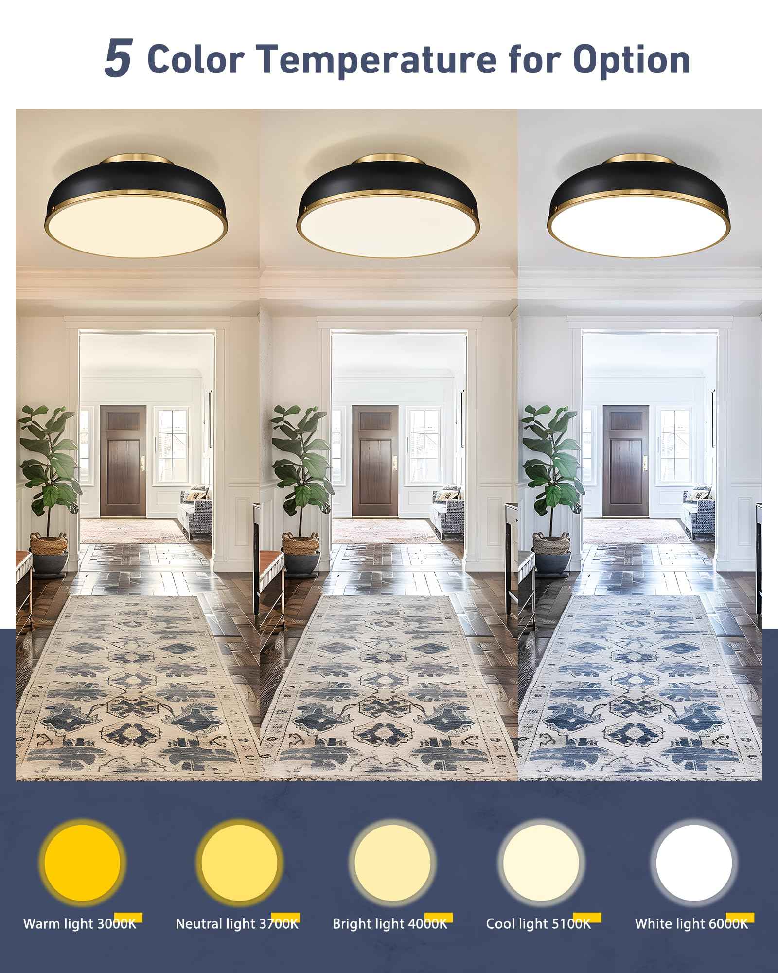 kudos Ceiling Light, 16-inch LED Flush Mount Ceiling Light, Black and Gold Finish, 30W/1900lm Light Fixtures Ceiling Mount for Bedroom,Hallway, 3000K/3700K/4500K/5100K/6000K Adjustbale, KDCL15-BK-L