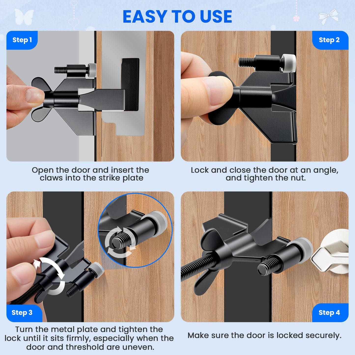 Black Portable Door Lock Home Security Door Locker Travel Lockdown Locks for Additional Safety and Privacy Perfect for Traveling Hotel Home Apartment College