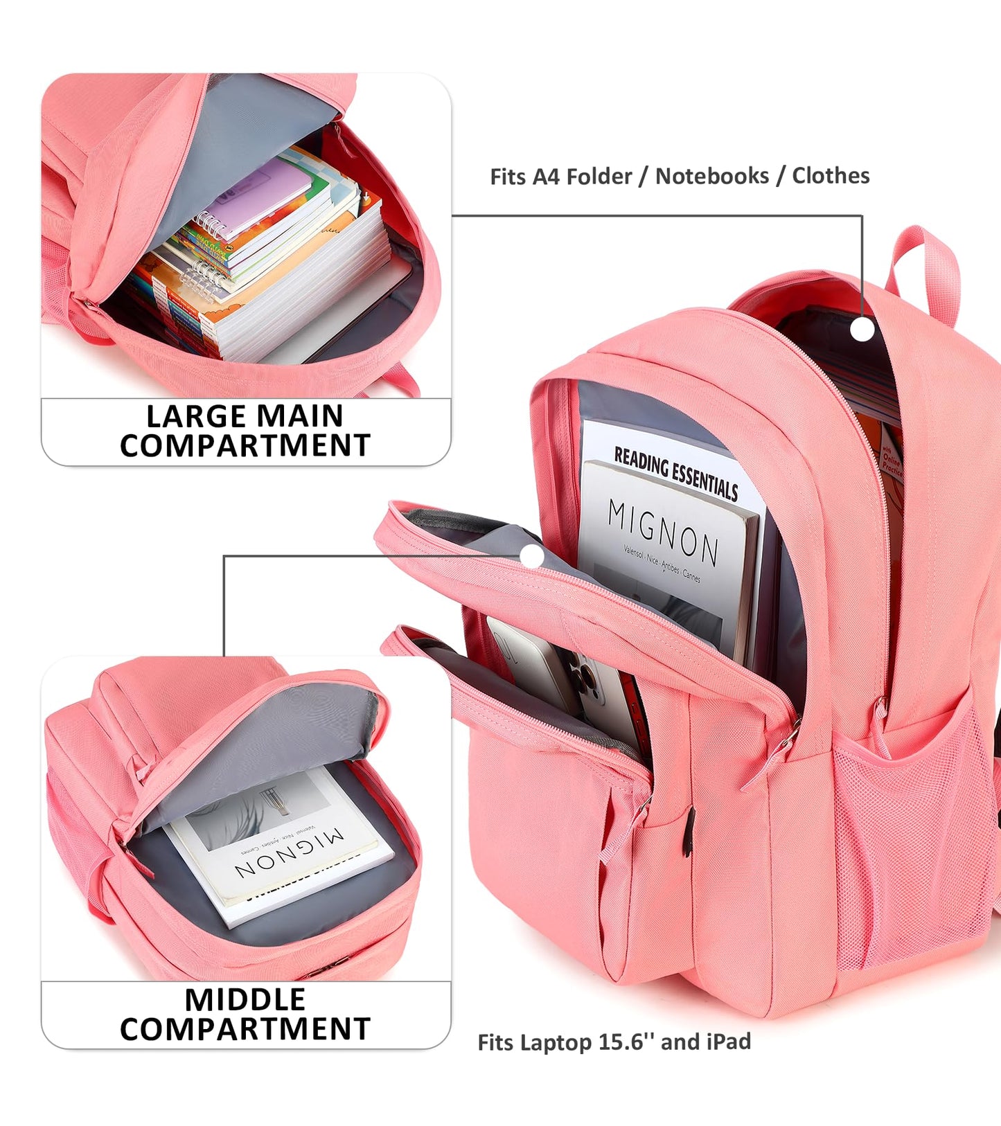 abshoo Girls Solid Color Backpack For College Women Water Resistant School Bag (Peach Pink)