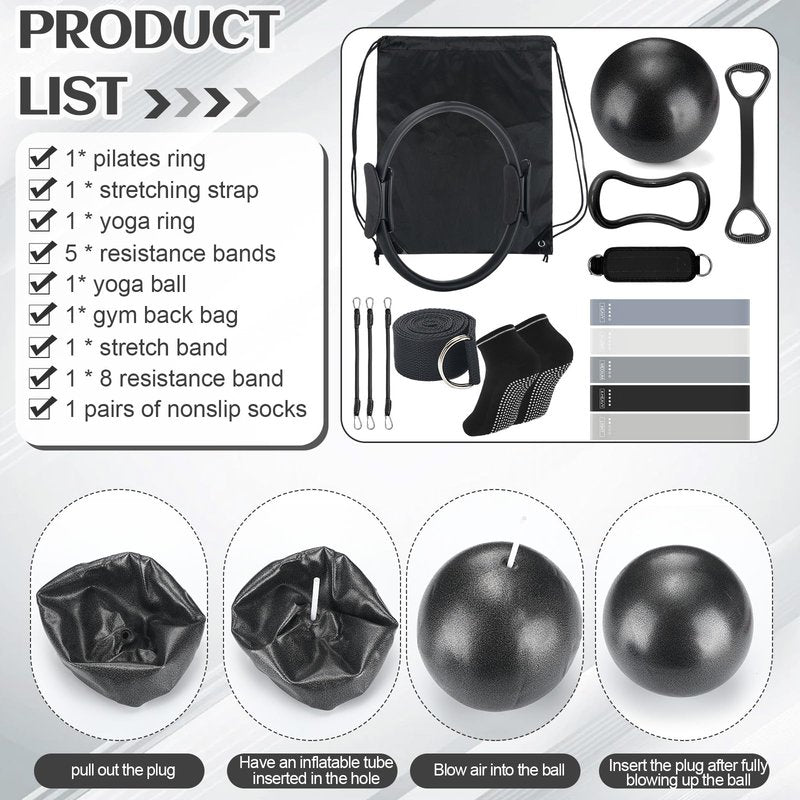 RoundFunny Pilates Ring Circle Set 18 Pcs Exercise Equipment Accessories for Women Workouts Pilates Ball Stretching Strap Magic Circle Yoga Ring Gym Back Bag Resistance Band Anti Slip Socks(Black)