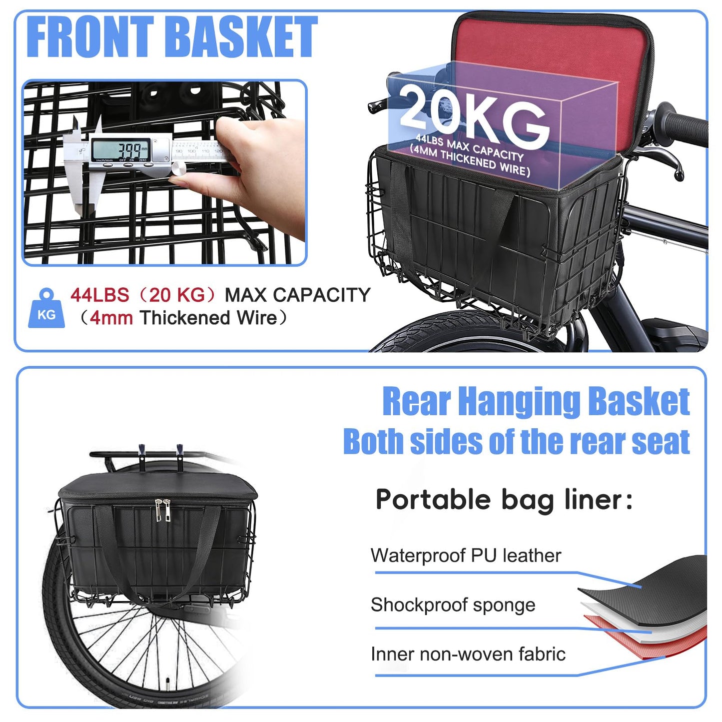 Bike Basket Front, Folding Bicycle Basket with Removable Waterproof Liner Bag,Quick Release Design,Rear Hanging Cargo Rack,Bike Accessories Frame Basket for Adult Women Men Carrying Dogs,Pet,Grocery