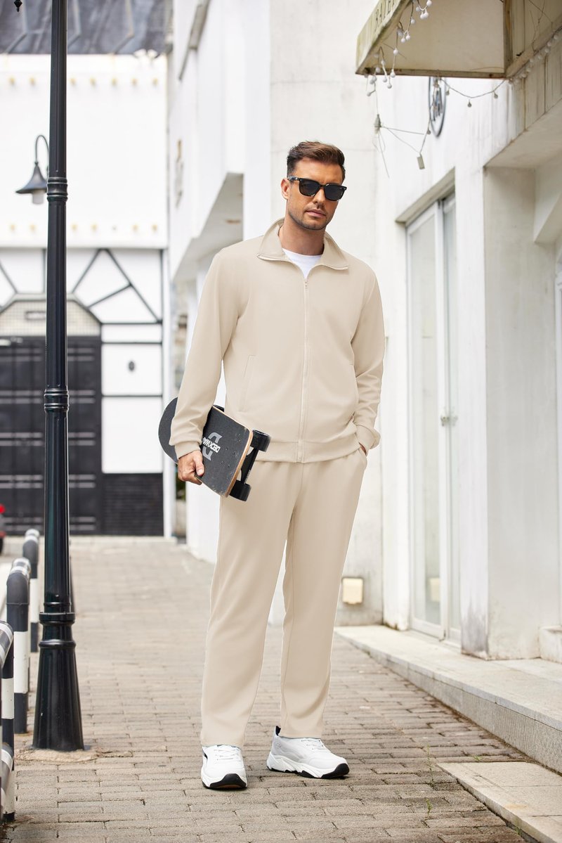 COOFANDY Men's Athletic 2 Pieces Tracksuit Long Sleeve Causal Full Zip Sweat Suit Lounge Set Running Activewear Cream 2XL