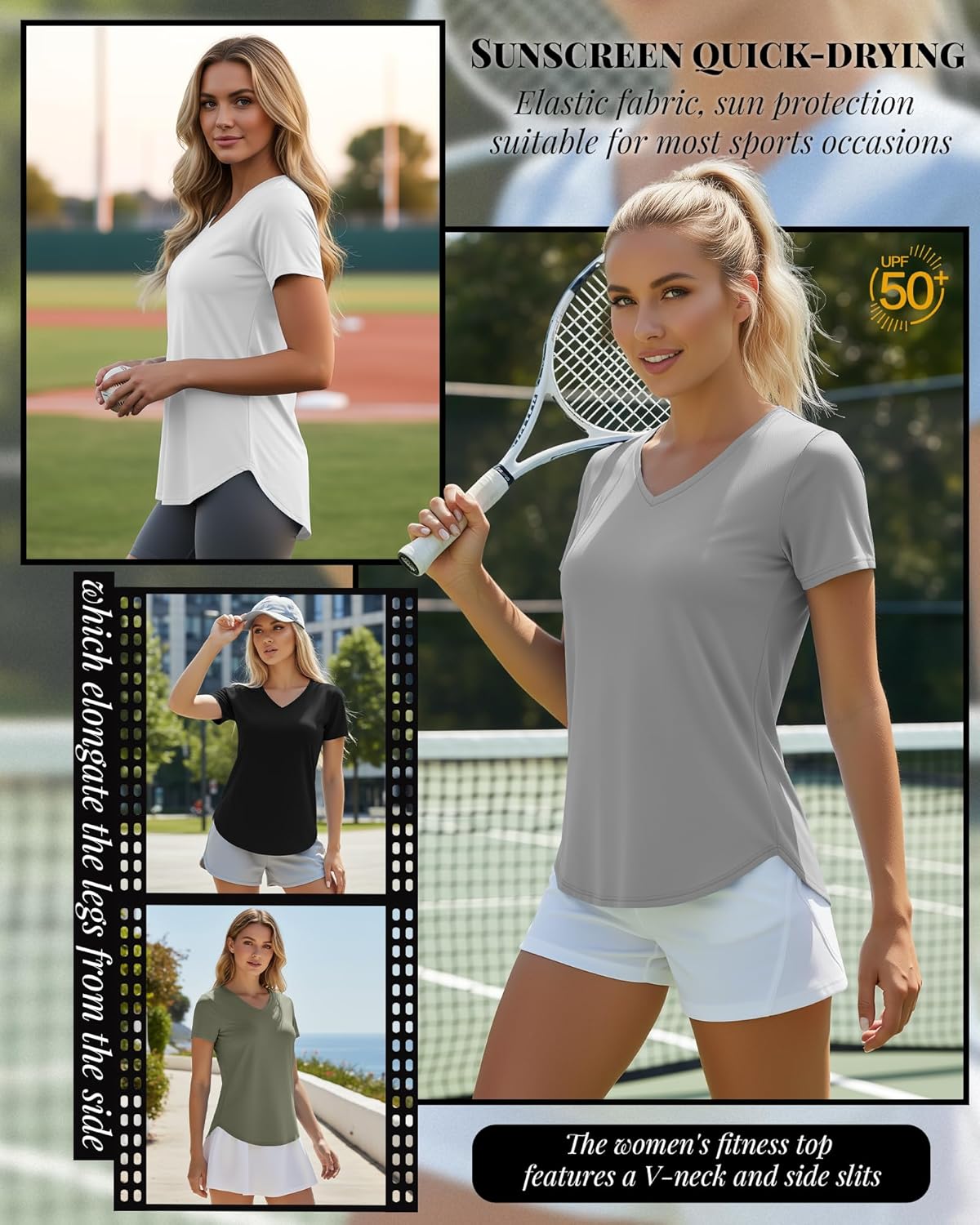 Oakgarden Women's Workout Tops - Quick Dry UPF 50+ V Neck Gym Shirts | 4 Pack, Lightweight & Stylish