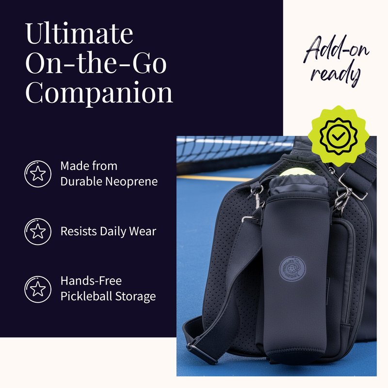 Posh Pickler Pickleball Drawstring Pouch, Fits 3 Pickleballs or 18 oz Bottle, Durable Neoprene Pouch, Hands-Free Clip-On Design, Compatible with Crossbody Paddle Cover & Strap, 9" L x 4" W, Black