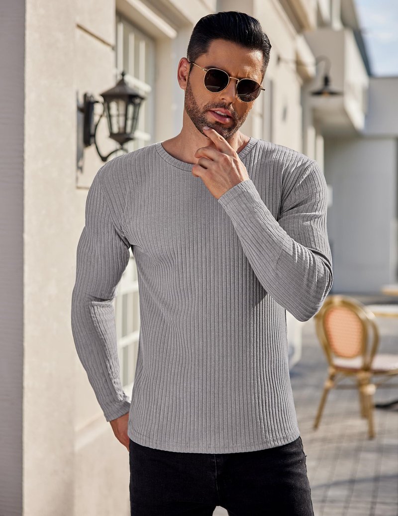 Ekouaer Men's Long Sleeve Shirts Ribbed Pullover Sweater Sim Fit Thermal Tops Crew Neck Stretchy Undershirts Light Grey L