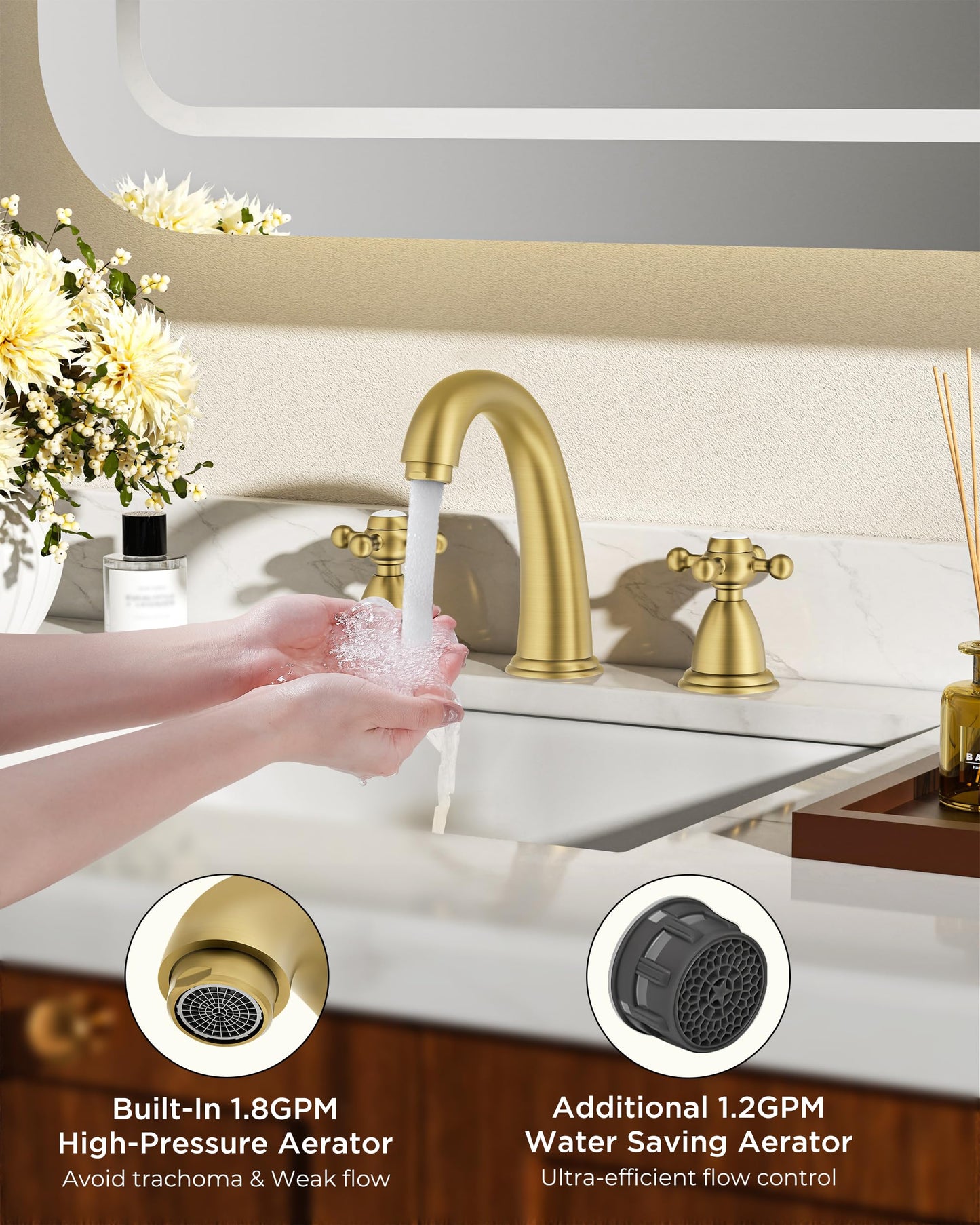 FORIOUS Brushed Gold Bathroom Faucet, Bathroom Sink Faucet 3 Hole with Pop Up Drain and Water Hose Supply, 2 Cross Handle Design, for Vanity RV Farmhouse Sink