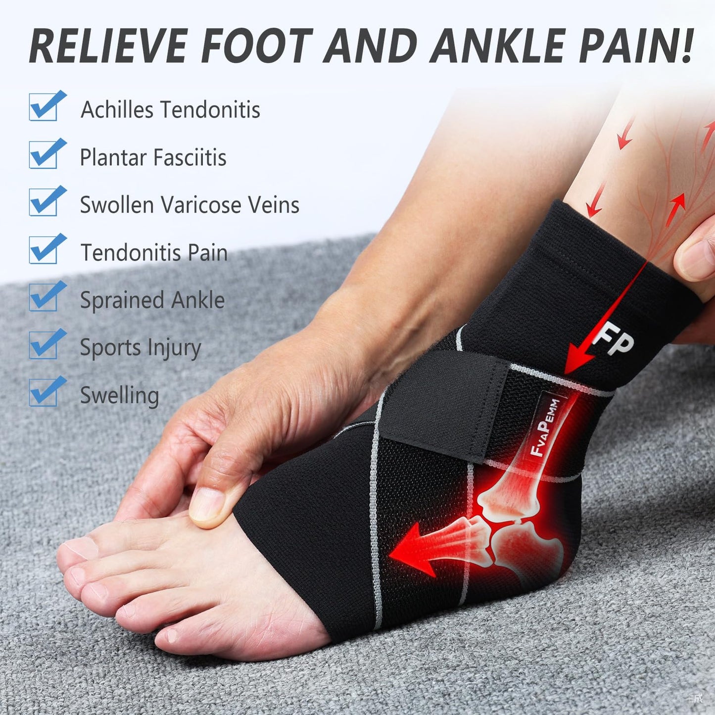 Ankle Support Brace for Women Men, 1 Pair Achilles Tendonitis Brace for Plantar Fasciitis Relief, Copper Infused Ankle Compression Sleeve with Adjustable Strap, Support for Sprained Ankle, Day&Night, Black, M