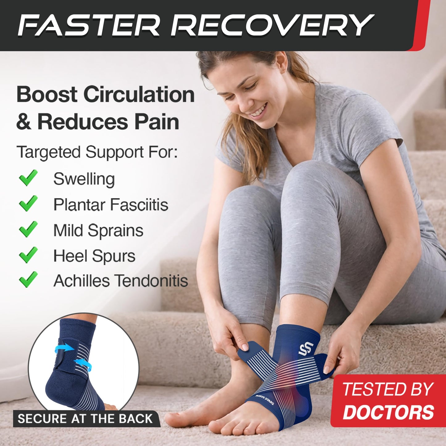 Sleeve Stars Ankle Brace for Women & Men, Ankle Wrap for Sprained Ankle, Compression Sleeve for Plantar Fasciitis Relief, Easy Customizable Support: w/Removable Strap (Pair/M:10"-12"/Navy Blue)