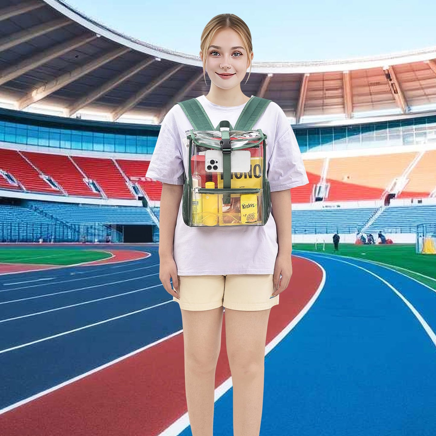 Mildbeer Green Clear Stadium Backpack for Sports Events & Concerts - Compact PVC Flap Backpack with Multi-Pocket Design